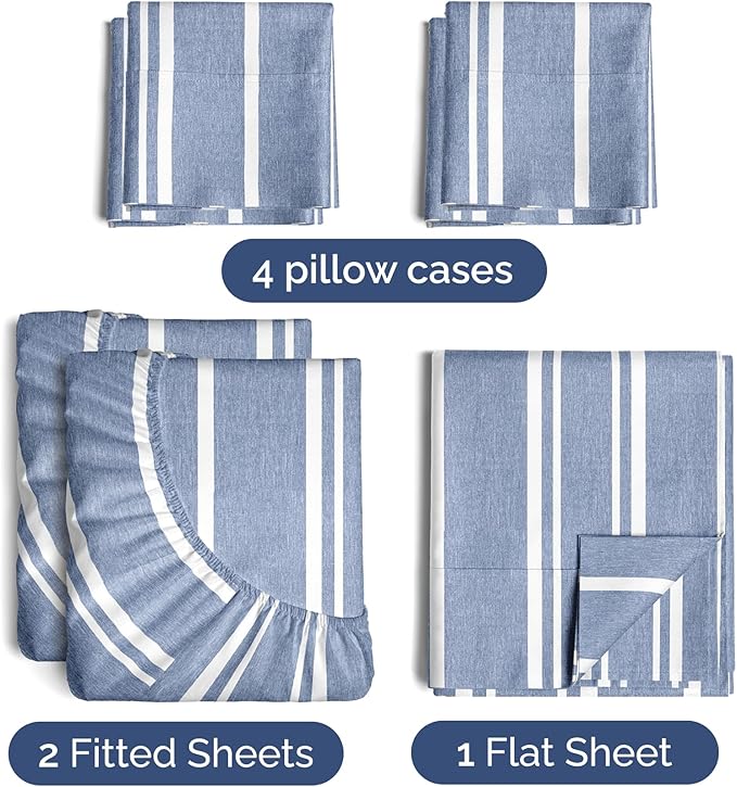 Split King 7 Piece Sheet Set - Cooling & Breathable - Hotel Luxury Bedding Includes Fitted Sheets for Women, Men, Kids & Teens - 1 Flat, 2 Fitted Sheets, 4 Pillowcases w/Deep Pockets - Blue Stripes