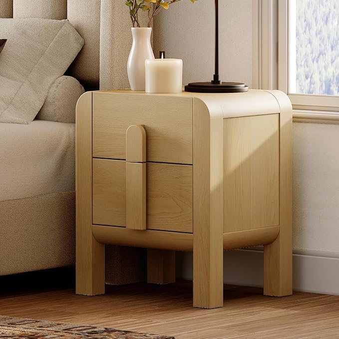 WAMPAT 23.7" Tall Modern Nightstand with Charging Station,Wood Bedside Table w/2 Storage Drawers,Curved Profile Design,Sofa Side Table End Table for Bedroom, Living Room, Oak
