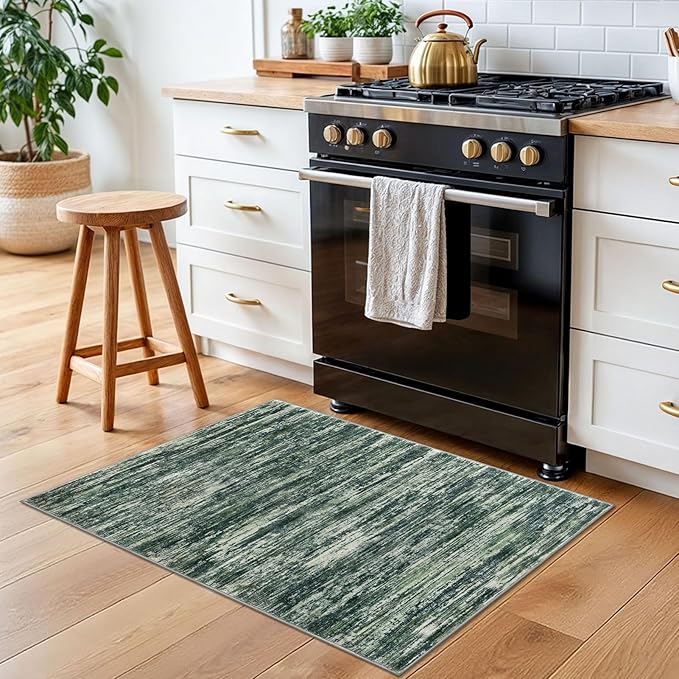 2x3 Modern Abstract Rug for Entryway, Dark Green Super Soft Small Area Rug, Washable Non-Slip Kitchen Rugs, Low-Pile Mat for Kitchen, Bedside, Indoor Door Mat
