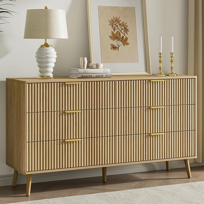 LYNSOM 55" Wide Fluted Dresser for Bedroom with 6 Drawer, Modern Chest of Drawers with Curved Profile Design and Metal Handles, Wood Dresser TV Stand & Storage Organizer for Living Room, Oak