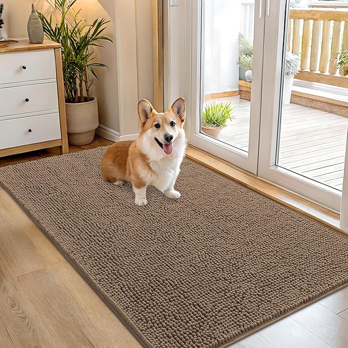 OLANLY Dog Door Mat for Muddy Paws 54x32, Absorbs Moisture and Dirt, Absorbent Non-Slip Washable Doormat, Quick Dry Chenille Mud Mat for Dogs, Entry Indoor Entryway Carpet for Inside Floor, Tan