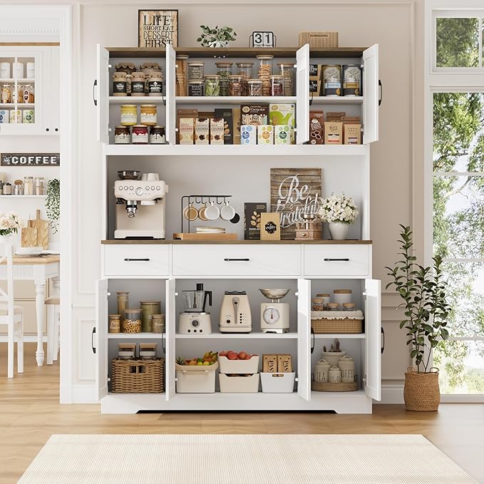 HOSTACK 71" Tall Pantry Cabinet with Charging Station, 55" Wide Kitchen Pantry Storage Cabinet with Countertop, Large Kitchen Hutch with Storage Drawers and Doors for Dining Room, Living Room, White