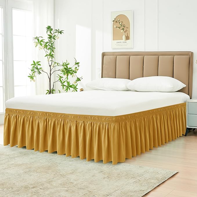 Biscaynebay Wrap Around Bed Skirts for King & Cal King Beds 21" Long Drop, Gold Adjustable Elastic Dust Ruffles Easy Fit Wrinkle Resistant Silky Luxurious Fabric Machine Washable