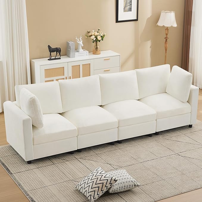 116'' 4-Seater Modular Sectional Cloud Sofa, Straight-Line Couches for Living Room, Modern Upholstered Deep Seat Sofa, Chenille Beige