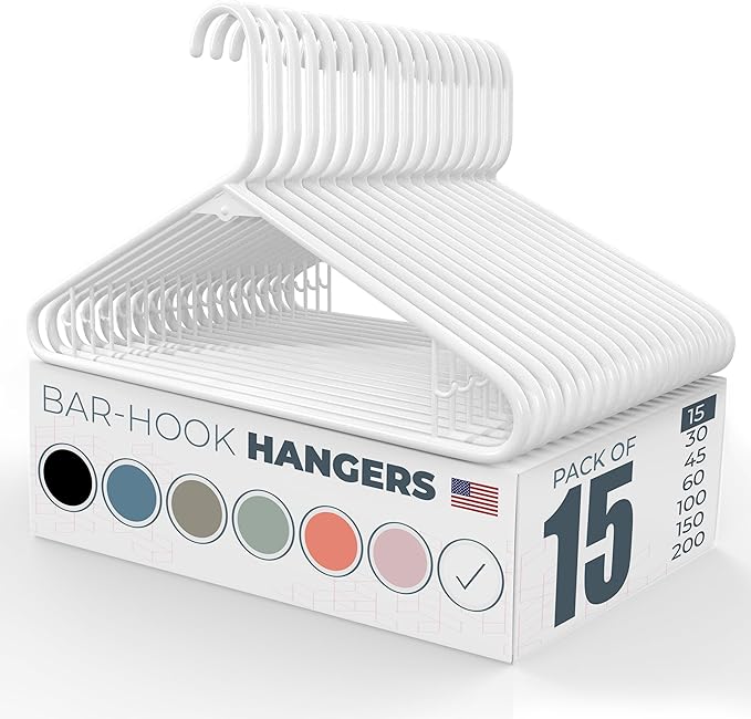 Neaties Plastic Hangers 15 Pack – Made in The USA – 6lb Capacity Standard Clothes Hangers with Strap Hooks for Dresses, Lingerie, Shirts, Pants, and Jackets – White
