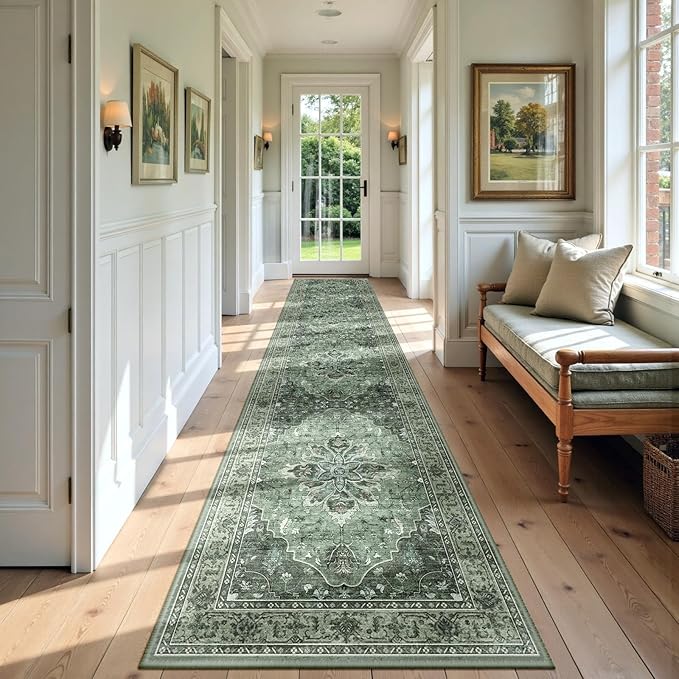 Area Rugs 2'6''x12' Washable Non-Slip, Floral Vintage Distress Print Pattern Medallion Carpet for Living Room Bedroom Dining Room, Dark Green Gray