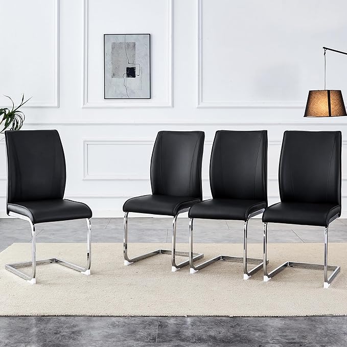 Dining Chairs Set of 4,Black Faux Leather Dining Chairs,Upholstered Kitchen Chairs with High Back,Modern Armless Side Chairs with Sturdy Chrome Plated Metal Legs for Living Room