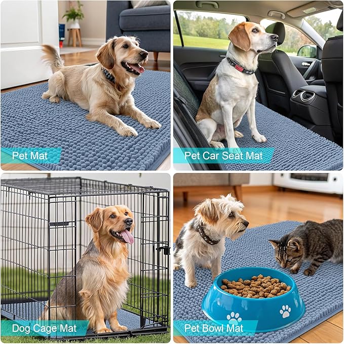 OLANLY Dog Door Mat for Muddy Paws 34x21, Absorbs Moisture and Dirt, Absorbent Non-Slip Washable Doormat, Quick Dry Chenille Mud Mat for Dogs, Entry Indoor Entryway Carpet for Inside Floor, Airy Blue