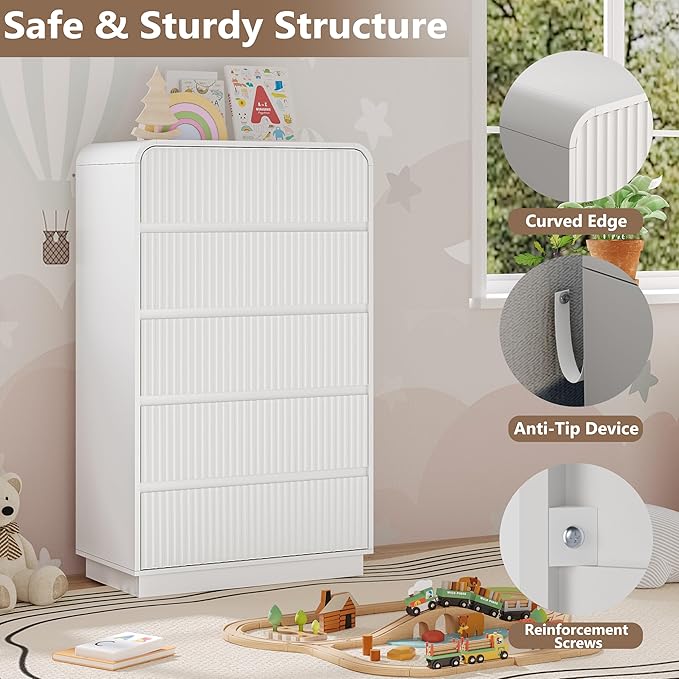 Tall Dresser for Bedroom with 5 Drawers, Fluted Chest of Drawers with Round Curved Corner, Hidden Handles, Modern Wood Storage Organizer for Bedroom, Nursery, Living Room