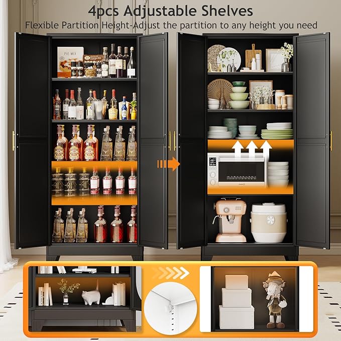 71" Tall Metal Pantry Storage Cabinet with Doors and 4 Adjustable Shelves, Black Kitchen Food Pantry Cabinets, Tall Freestanding Cupboard for Kitchen, Dining Room or Living Room, Black