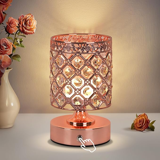 TOBUSA Crystal Cordless Table Lamp Rechargeable, Portable 6000mAh Battery Operated Lamp with 3 Color Temps & Stepless Dimming, Bedside Touch Small Desk Lamp, Rose Gold LED Night Light for Bedroom Bar