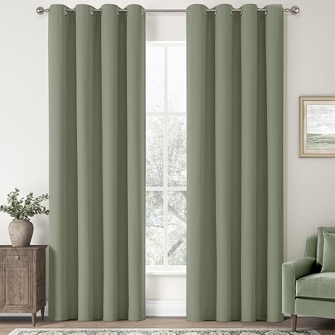 ChrisDowa 100% Blackout Linen Curtains, 2 Panels Set Thermal Insulated Room Darkening Curtains for Living Room, Privacy Grommet Window Curtains for Bedroom (Sage Green, 52 x 108 Inch)
