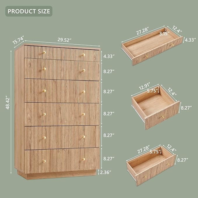 Fluted Dresser for Bedroom, 48" H 7 Drawer Dressers, Wood Tall Dresser Storage Organizer, Modern Bedroom Chest with Deep Storage for Closet Hallway, Entryway, Living Room Natural