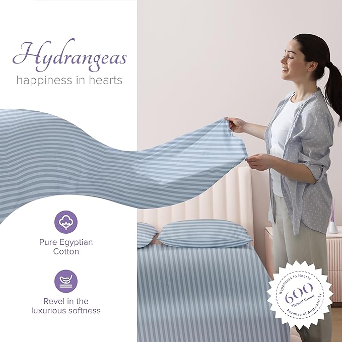 Carressa Linen Luxury Egyptian Cotton Twin Stripe Sheet Set - 600 Thread Count Extra Long Staple 3 PC Set, Light Blue Twin Damask Sheets, Soft, Cooling Sateen Weave Sheets Upto 18 in Deep Pocket