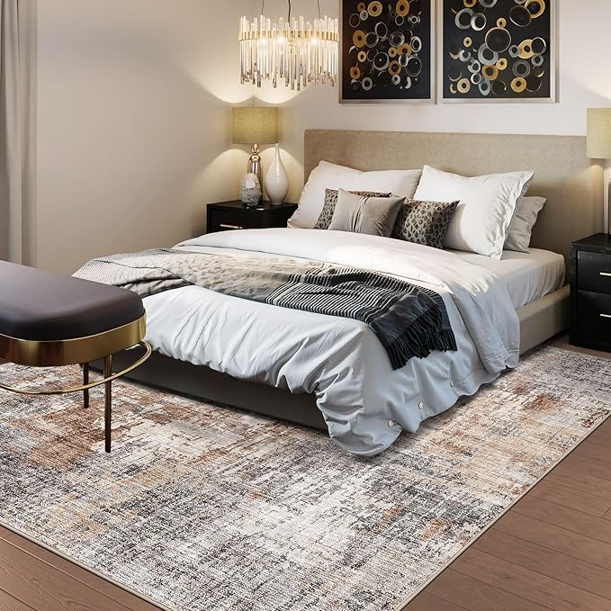 Square Area Rug Living Room Rugs - 8x8 Washable Large Soft Indoor Neutral Modern Abstract Low Pile Rug Carpet for Bedroom Dining Room Farmhouse Home Office - Grey Brown