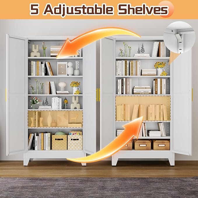 75" Metal Kitchen Pantry Cabinet,White Storage Cabinet with Doors and 5 Adjustable Shelves, Cabinet with 2 Metal Handles,Tall Cabinet for Livingroom,Pantry, Bathroom,Kitchen