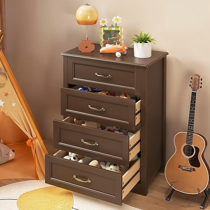 Gizoon Dresser for Bedroom with 4 Drawers Wooden Chest of Drawers for Closet Dresser Storage Unit Organizer for Hallway Living Room and Office, Dark Brown