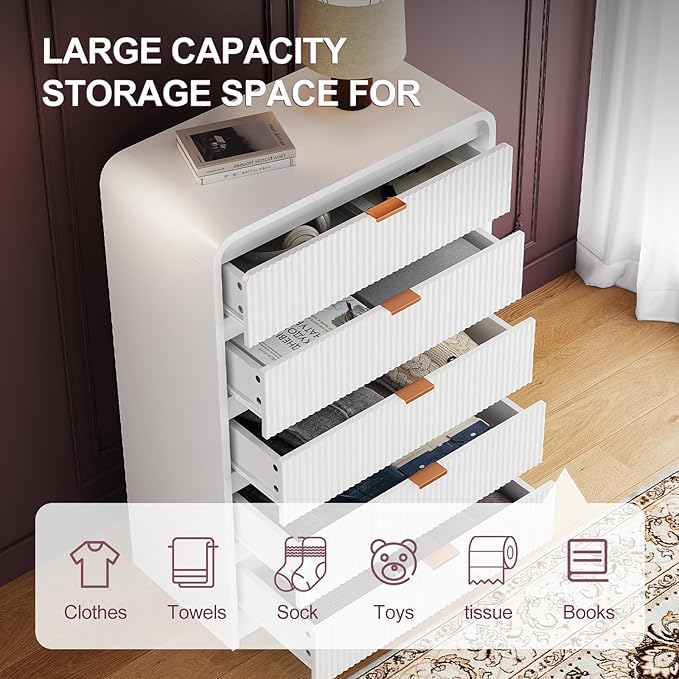 FURSUN Fluted 5 Drawers Dresser for Bedroom, 48" Tall Wooden Modern Dresser with Metal Handle, Curved Profile Design, Storage Organizer for Bedroom, Living Room, Hallway, White