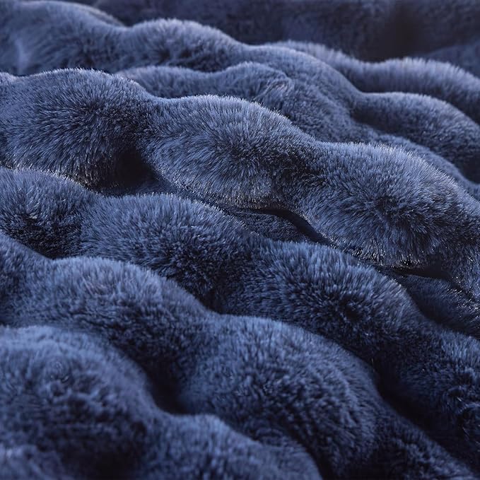BENVWE Fluffy Faux Fur Throw Blanket for Couch, Soft Plush Thick Cozy Fuzzy Luxury Minky Bubble Blanket for Home Living Room Decor Gift for Women, Navy Blue, 51" x 63", 1100GSM