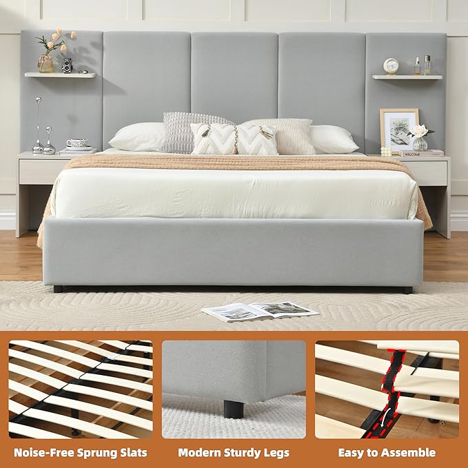 Queen Bed Frame with Storage & Built-in Nightstands, Velvet Upholstered Platform Bed Frame with Drawers & 2 Floating Storage Shelves, Noise-Free, No Box Spring Needed, Easy Assembly, Gray