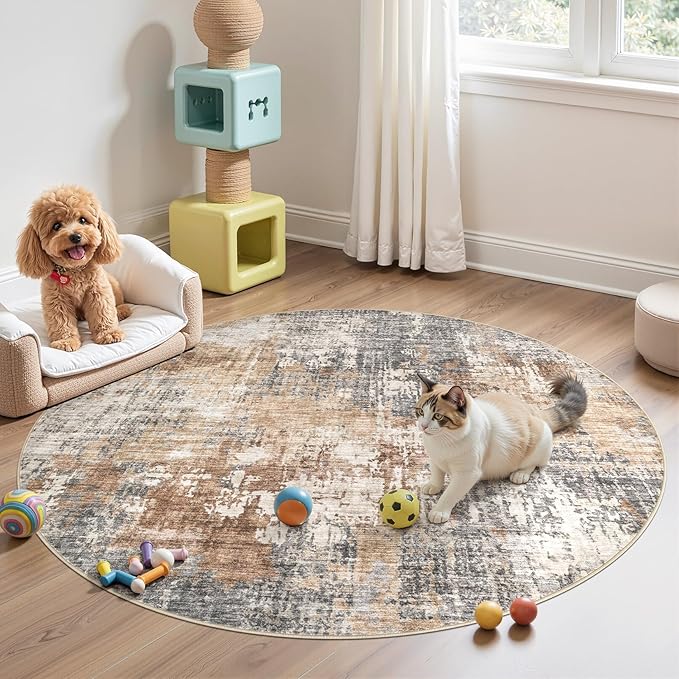 5ft Round Area Rug Living Room Rugs - 5x5 Washable Large Soft Indoor Neutral Modern Abstract Low Pile Rug Carpet for Bedroom Dining Room Farmhouse Home Office - Grey Brown