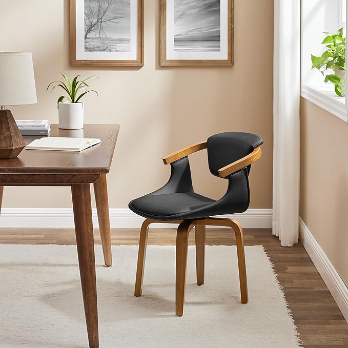 Art Leon Dining Chairs Set of 2 - Mid Century Modern Retro Faux Leather Chair, Small Comfy Upholstered Swivel Desk Chairs No Wheels, Black