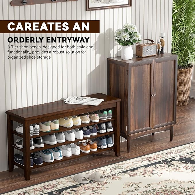 Shoe Rack Bench with Rubberwood Flat Top and 3 Adjustable Shelves – Wooden Shoe Rack for Entryway, Hallway, Mudroom, Front Door, or Small Spaces