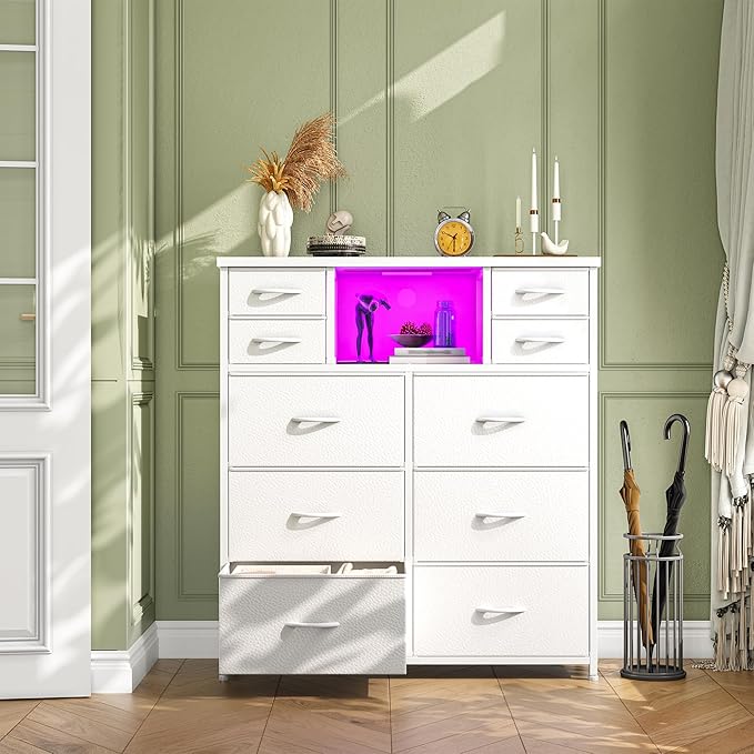 White Dresser for Bedroom with 10 Drawers Featuring LED Light and Power Outlet, Fabric Dressers & Chest of Drawers with Open Shelves for Hallway, Living Room, Steel Frame,Wood Top