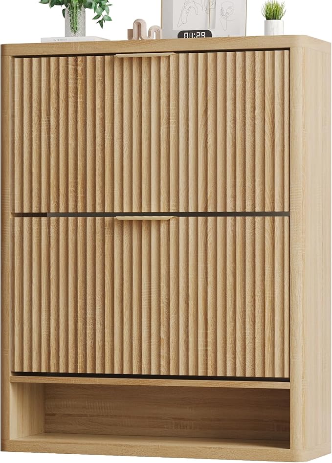 Fluted Shoe Cabinet Storage with 2 Flip Drawers, Narrow Shoe Storage Organizer for Entryway, Hidden Slim Wooden Shoe Rack Cabinet for Front Door Entrance, Hallway, Living Room (2-Drawer, Oak)