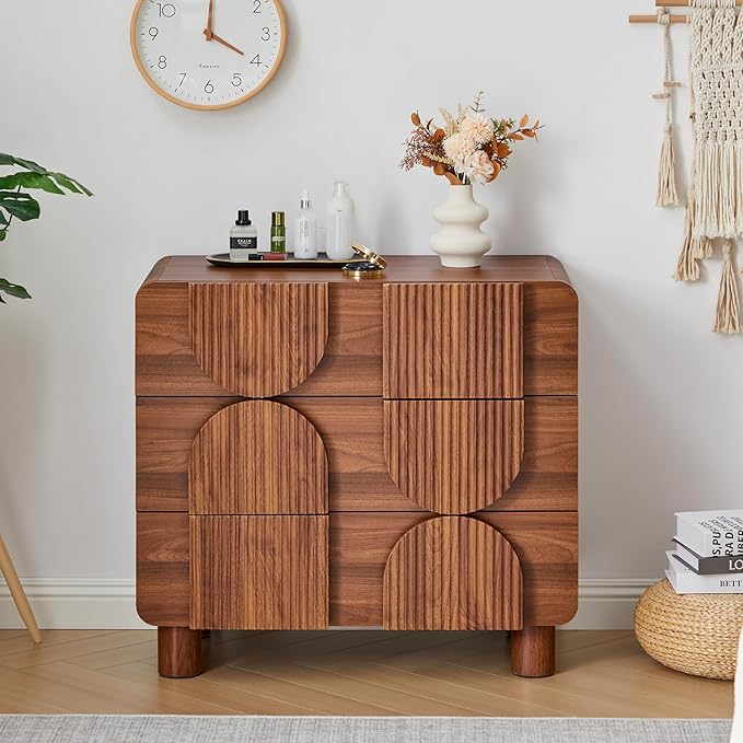 3 Drawer Dressers for Bedroom, 31.5" Wide Large Mid Century Modern Fluted Nightstand, Wood Dresser & Chest of Drawers with Curved Profile for Living Room, Entryway, Hallway, Walnut