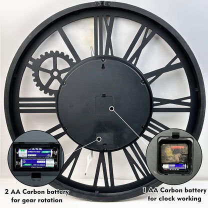 The B-Style Large Real Moving Gears Wall Clock 30 inch Rustic Retro Industrial Farmhouse Wood Clock Oversized Decorative Vintage Wall Clocks for Living Room (Cherry red and Bronze