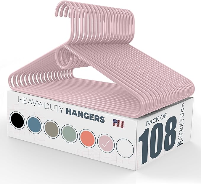 Neaties Heavy Duty Clothes Hangers 100 Pack (108 Count) – Made in The USA – 8lb Capacity Plastic Hangers for Adult Clothing – Durable for Pants, Coats, Jackets, or Jeans – Pink