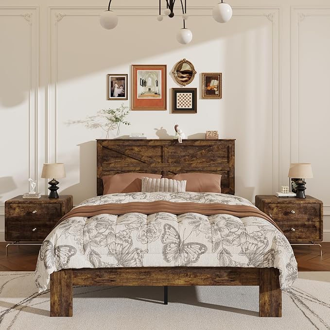 Queen Size Bed Frame with Farmhouse Headboard, Rustic Boho Wooden Bedframe with LED Lights and Charging Station, Easy Assembly, No Box Spring Needed (Brown, Queen)