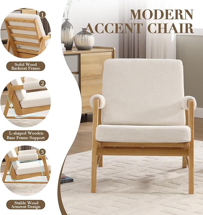 HEAH-YO Modern Accent Chair Set of 2, Upholstered Linen Fabric Living Room Chair with Wooden Frame, Comfy Armchair with Thick Cushion for Bedroom Balcony, Beige