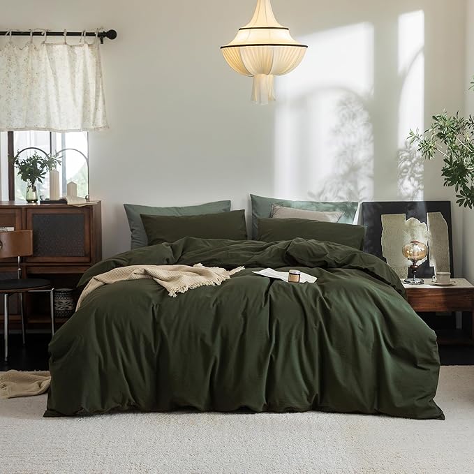 FOSSA Duvet Cover Set 100% Washed Cotton Linen Feel Super Soft Breathable Cozy 3 Pieces Bedding Sets Solid Olive Green California King