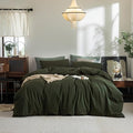 FOSSA Duvet Cover Set 100% Washed Cotton Linen Feel Super Soft Breathable Cozy 3 Pieces Bedding Sets Solid Olive Green Super King