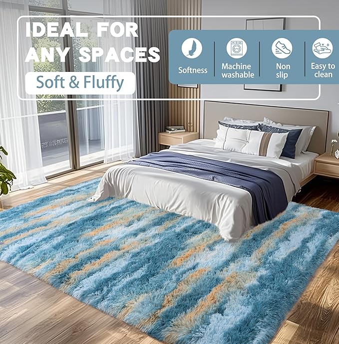 Fluffy Rugs for Living Room Bedroom, 5x7 Feet Abstract Blue Shag Area Rugs, Non-Slip Indoor Modern Fuzzy Plush Floor Carpet for Dorm Nursery Kids Room Decor, Soft Shaggy Throw Rug