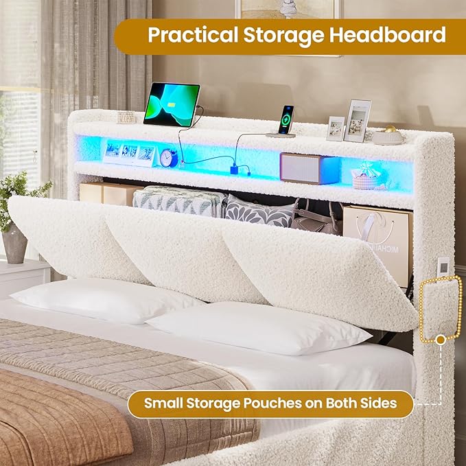 VIAGDO Full Size Bed Frame with Storage Headboard and Charging Station, Boucle Upholstered Bed Frame Full Size with 4 Drawers and LED Lights, Type C and USB, No Box Spring Needed, Cream White