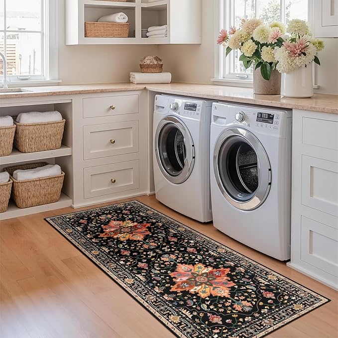 Area Rugs 2'x5' Washable Non-Slip, Floral Vintage Distress Print Pattern Medallion Carpet for Living Room Bedroom Dining Room, Black Colorful Floral Dark Tan