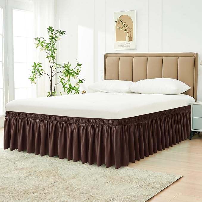 Biscaynebay Wrap Around Bed Skirts for Queen Beds 11" Short Drop, Brown Adjustable Elastic Dust Ruffles Easy Fit Wrinkle Resistant Silky Luxurious Fabric Machine Washable