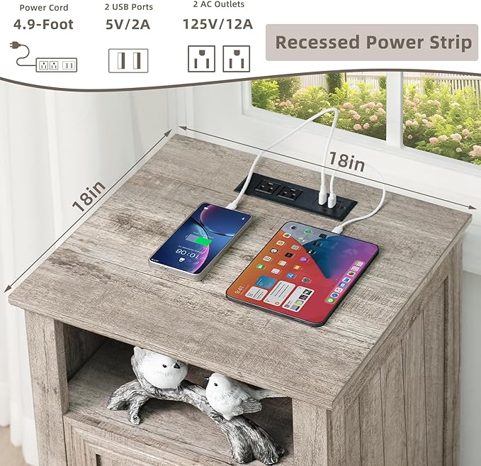 18" Farmhouse Night Stands Set of 2 with Charging Station, 2 Drawers End Table Dresser for Bedroom, Oak Wooden Nightstand, Bed Side Table with Open Shelf, Bedside Cabinet for Living Room