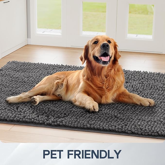 Dog Door Mat for Muddy Paws, 48" x 30" Chenille Absorbent Front Door Mat Inside, Large Runner Mud Mat for Dogs, Trap Dirt Washable Non Slip Outdoor Indoor Entrance Doormats, Grey