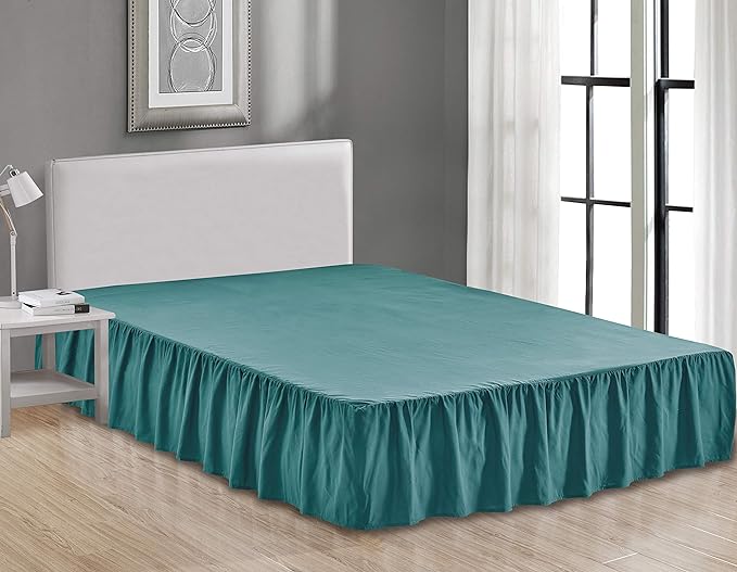 Sheets & Beyond Wrap Around Solid Microfiber Luxury Hotel Quality Fabric Bedroom Gathered Ruffled Bedding Bed Skirt 14 Inch Drop (King, Teal)