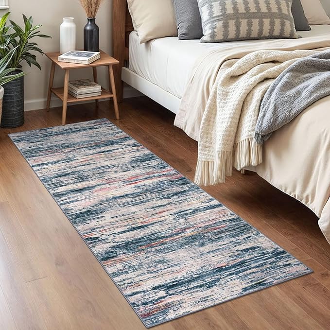 2x5 Modern Abstract Runner Rug for Hallway, Teal Blue Peach Gray Multi Super Soft Hallways Decor Kitchen Rugs with Non-Slip, Non-Shedding Washable Rug for Entryway Bedroom Laundry Indoor