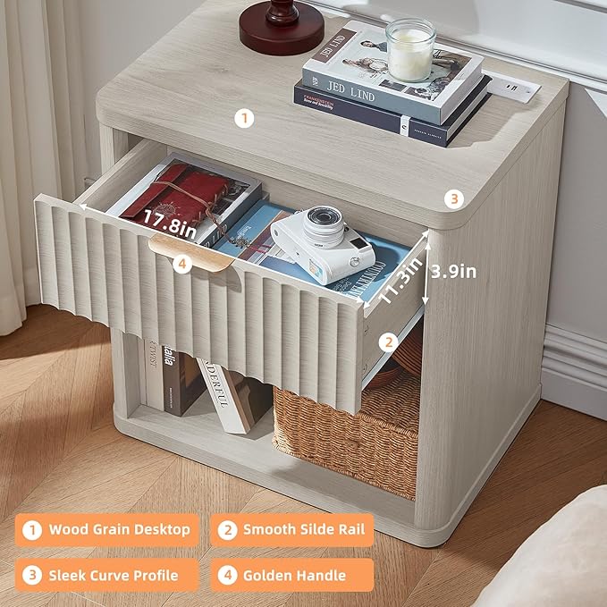 LEYAOYAO Fluted Farmhouse Nightstand Set of 2 with Charging Station, 23" Wide 1 Drawers Night Stand,LightGrey Dresser for Bedroom,Bed Side Table Chest of Drawers,Wood End Table for Living Room