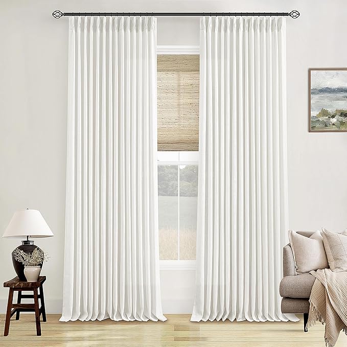 Beige White Pinch Pleated Linen Curtains 92 Inches Long 2 Panels for Living Room Bedroom Memory Training Shaped Semi Sheer Pleat Drapes with Hooks Rings Light Filtering Window Curtain 40x92