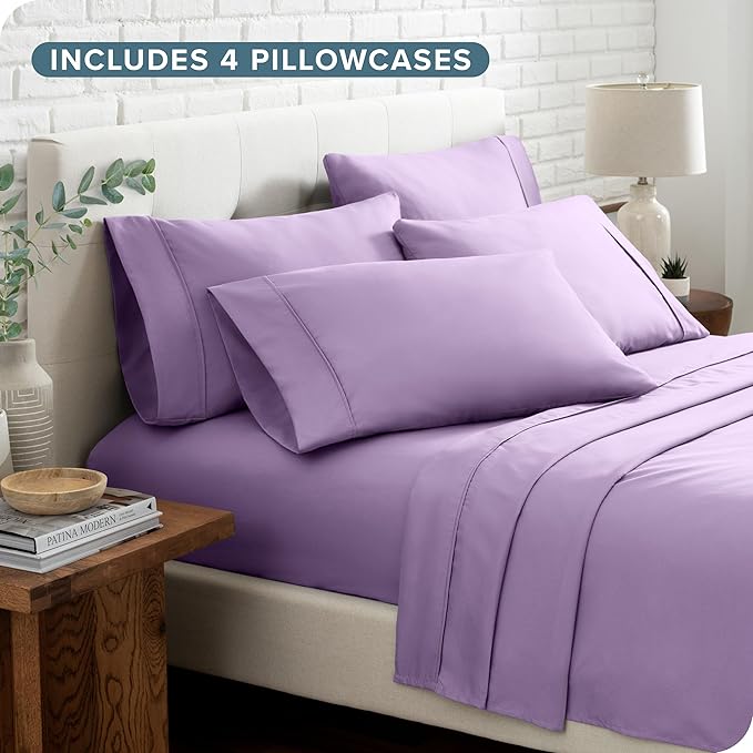 Bare Home Hotel Luxury Queen Sheet Set, Extra Soft - 6 Piece Set - Deep Pockets - Easy Fit - Cooling & Breathable - Wrinkle, Fade, Stain Resistant - Includes 4 Pillowcases (Queen, Lavender)
