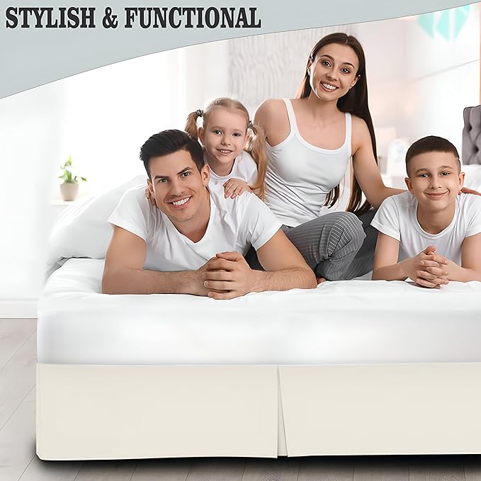 Pleated Bed Skirt King Size, 14" Drop with Platform Design for Secure Fit, Split Corners, Wrinkle-Resistant Microfiber for Modern Stylish Look, Tailored Bedding for Hotel Luxury - Ivory