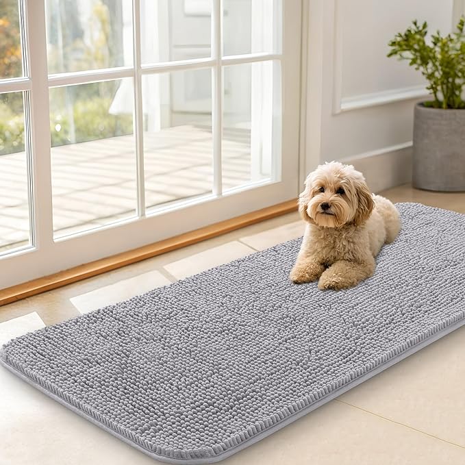 OLANLY Dog Door Mat for Muddy Paws 47x20, Absorbs Moisture and Dirt, Absorbent Non-Slip Washable Doormat, Quick Dry Chenille Mud Mat for Dogs, Entry Indoor Entryway Carpet for Inside Floor, Light Grey