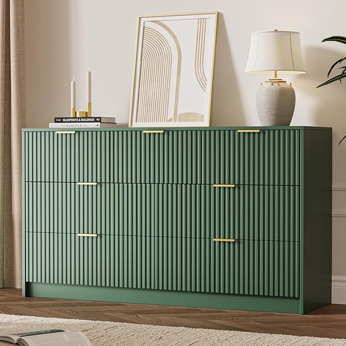 Green 7 Drawer Dresser for Bedroom, 55.9" Wide Modern Fluted Dresser with Gold Metal Handles, Wide Chest of Drawers for Bedroom, Living Room, Entryway, Hallway